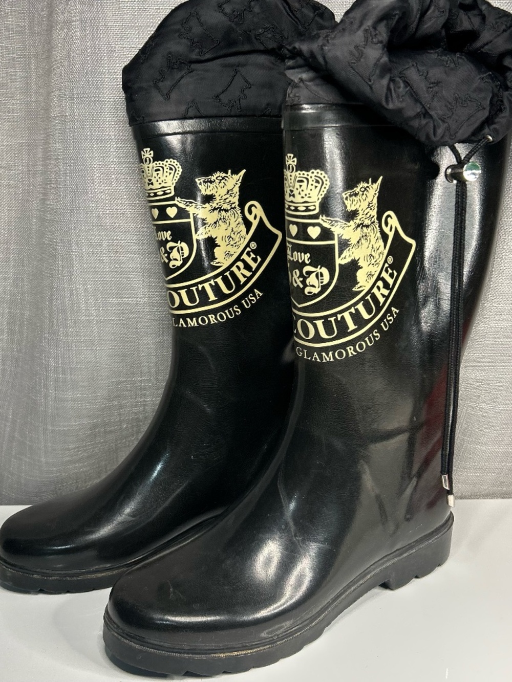 Juicy Couture Black Gloss Crest Rain Boots with Drawstring Cuffs